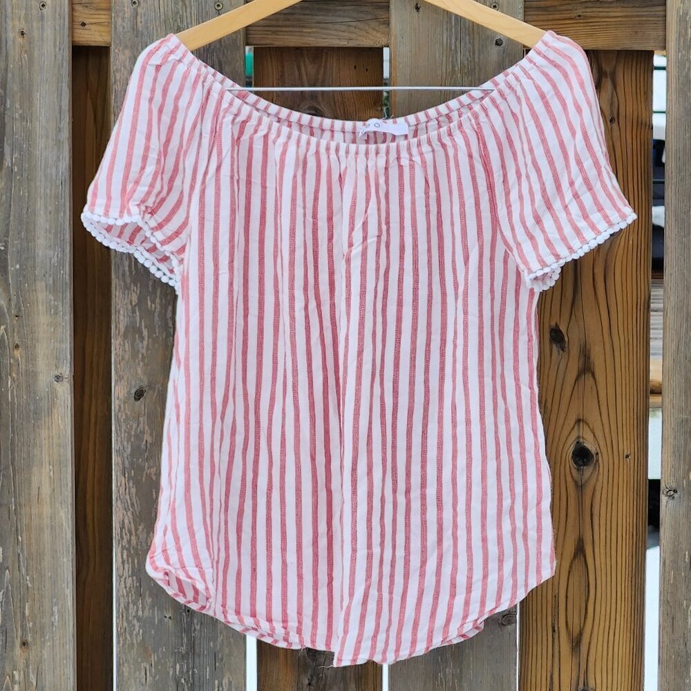 BEAUTIFUL CLEO BLOUSE Women's Size M Pinstripe Pom Pom Sleeve Beach Blanket